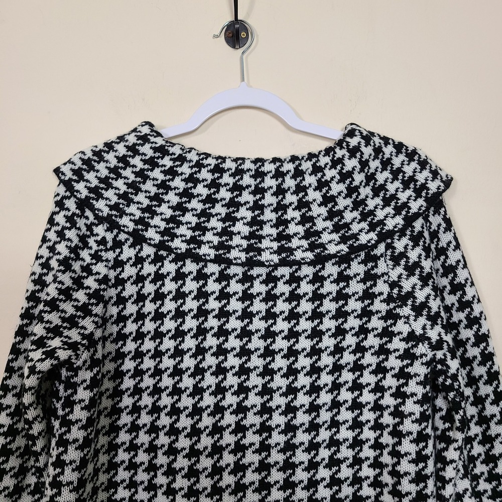 Houndstooth Knit Button Front L Coatigan Black White Classy Lux Preppy Academia - Picture 7 of 8